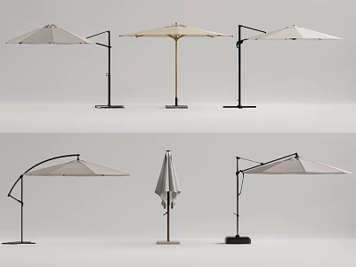 Various Styles Of Outdoor Umbrellas With Different Stand Designs And Canopy Colors 3d model