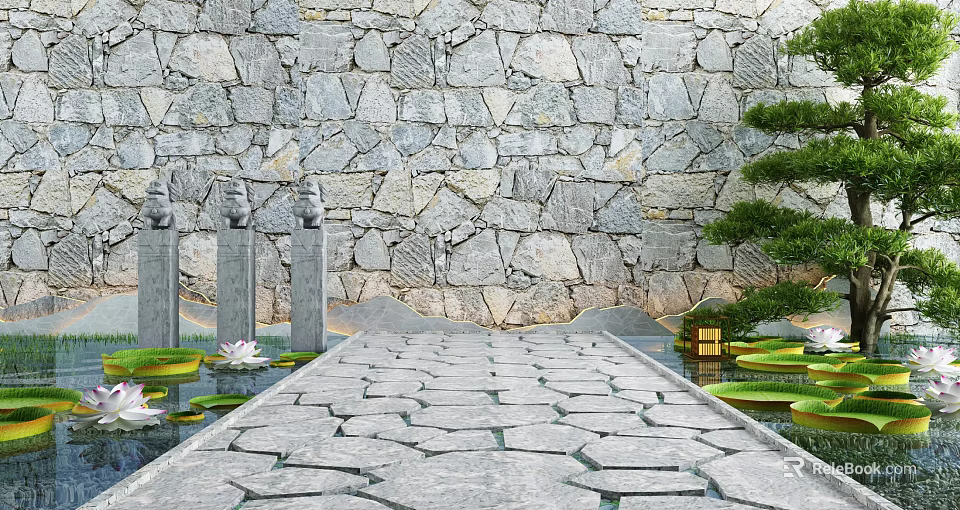 Tranquil Garden Decor With Stone Wall Stone Path Water Lilies And Lush Green Plants 3d model 