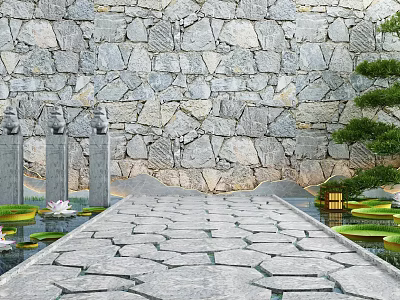 Tranquil Garden Decor With Stone Wall Stone Path Water Lilies And Lush Green Plants 3d model