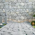 Tranquil Garden Decor With Stone Wall Stone Path Water Lilies And Lush Green Plants
