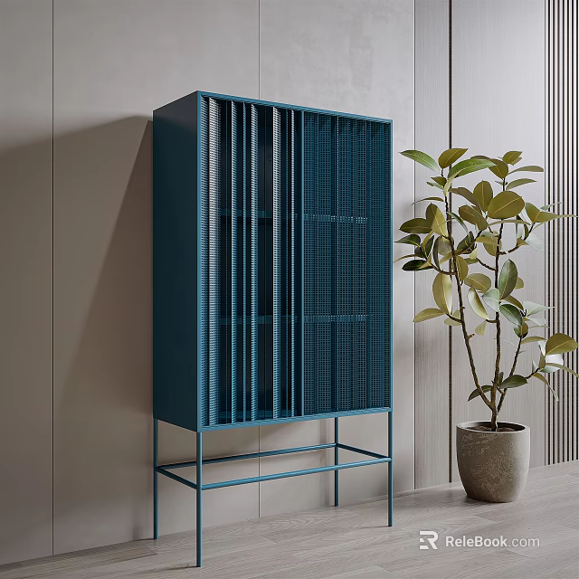 Blue Console Cabinet With Vertical Slat Design And Green Plant In Indoor Entryway 3d model 