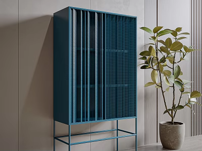 Blue Console Cabinet With Vertical Slat Design And Green Plant In Indoor Entryway 3d model