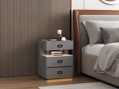Modern Gray Bedside Table With Drawers Decorative Items And Bottom Lighting 3d model