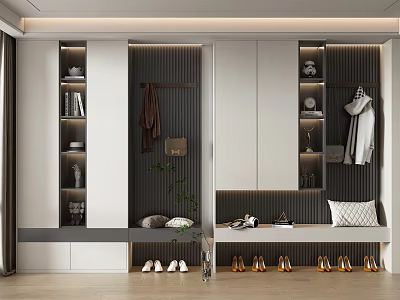 Modern Shoe Cabinet Design With Hanging Rack Bench Shoes And Decorative Items 3d model