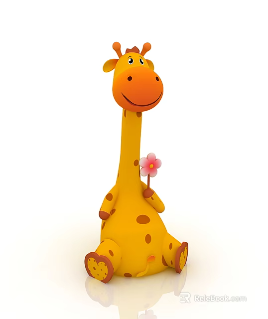 Giraffe Doll Yellow Brown Spots Long Neck Smiling Face Holding Pink Flower Sitting Pose 3d model 