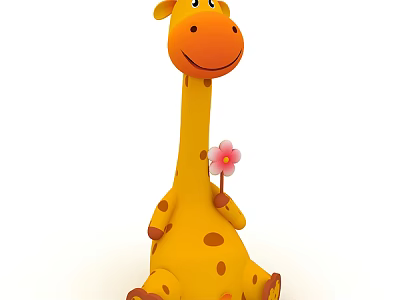 Giraffe Doll Yellow Brown Spots Long Neck Smiling Face Holding Pink Flower Sitting Pose 3d model