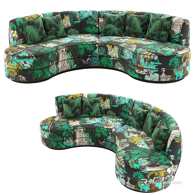 Stylish Curved Sectional Sofa With Colorful Jungle Print And Green Accent Cushions 3d model 