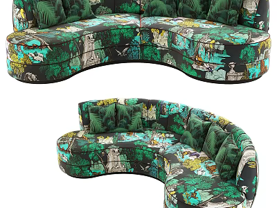 Stylish Curved Sectional Sofa With Colorful Jungle Print And Green Accent Cushions 3d model
