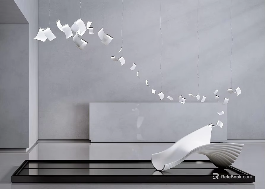 White Curved Sculpture Carving With Floating Fragments On Black Platform In Gray Room 3d model 
