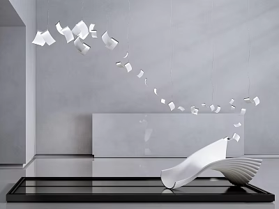 White Curved Sculpture Carving With Floating Fragments On Black Platform In Gray Room 3d model