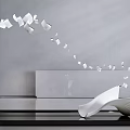White Curved Sculpture Carving With Floating Fragments On Black Platform In Gray Room