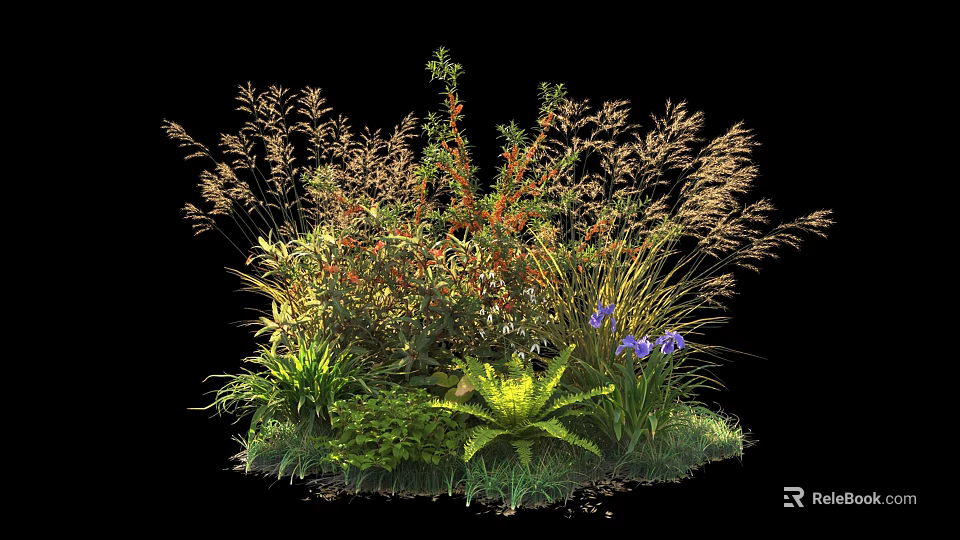 Garden Shrub With Various Herbs Purple Flowers And Green Leaves In Natural Landscape 3d model 