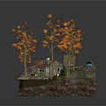Whimsical Cartoon Scene Featuring Small Houses Surrounded by Orange Leaved Trees and Small Boat