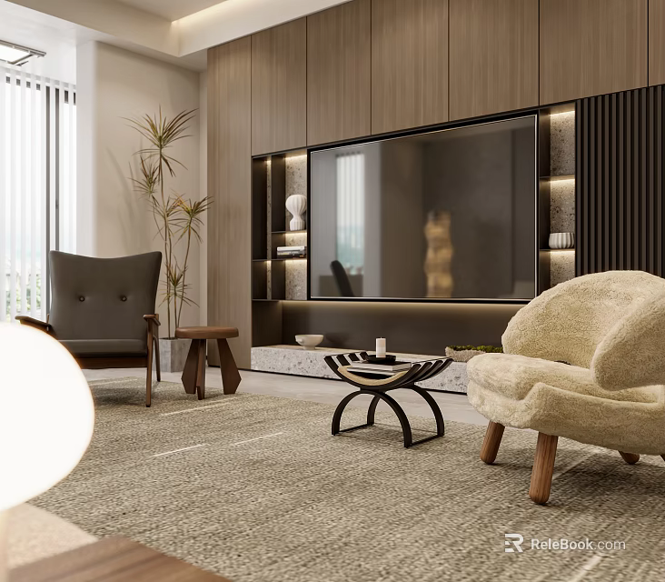 Modern Living Room Interior With Single Sofa Wooden Wall TV Unit And Area Rug 3d model 