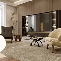 Modern Living Room Interior With Single Sofa Wooden Wall TV Unit And Area Rug