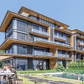 Modern Townhouse Exterior Design With Balconies Swimming Pool And Lush Greenery