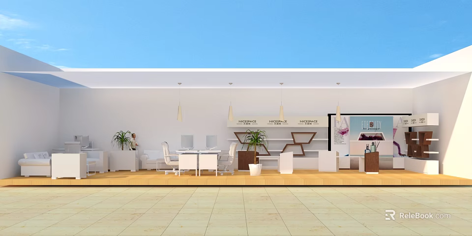 Modern Retail Store Interior With Display Shelves Wooden Flooring And Pendant Lights 3d model 