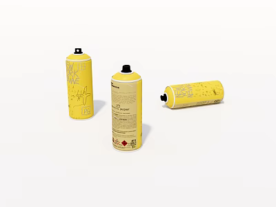 Yellow Spray Cans With Labels And Graphics Standing And Lying Down 3d model