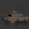 Tactical Six Wheel Utility Vehicle With Roof Mounted Antennas And Metallic Exterior
