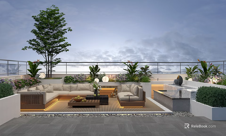 Rooftop Garden Design With Scenic Sky Comfortable Sofa Coffee Table And Lush Plants 3d model 