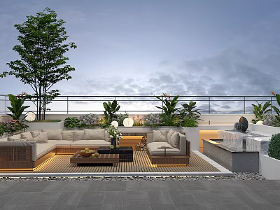 Rooftop Garden Design With Scenic Sky Comfortable Sofa Coffee Table And Lush Plants 3d model