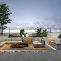 Rooftop Garden Design With Scenic Sky Comfortable Sofa Coffee Table And Lush Plants