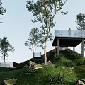 Modern Hillside House Exterior With Open Terrace And Lush Greenery