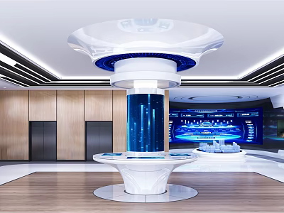 Modern Exhibition Hall Interior Design With Central White Installation Blue Column And Digital Screens 3d model