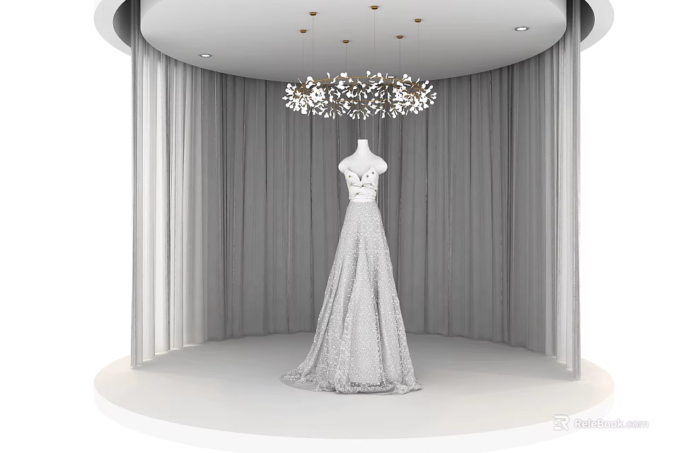 Elegant White Evening Dress With Lace Design In Curtain Backdrop And Chandelier 3d model 