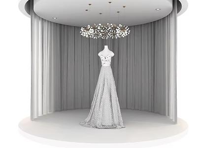 Elegant White Evening Dress With Lace Design In Curtain Backdrop And Chandelier 3d model