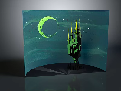 Cartoon Night Scene with Green Crescent Moon Stars and Green Spire Castle on Black Base 3d model