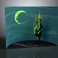Cartoon Night Scene with Green Crescent Moon Stars and Green Spire Castle on Black Base
