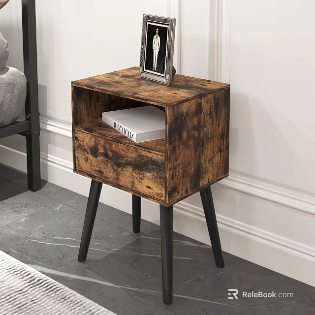 Vintage Distressed Wood Nightstand with Drawer Holding Book Photo Frame on Top Black Legs 3d model 