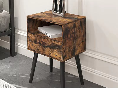 Vintage Distressed Wood Nightstand with Drawer Holding Book Photo Frame on Top Black Legs 3d model