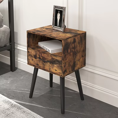 Vintage Distressed Wood Nightstand with Drawer Holding Book Photo Frame on Top Black Legs 3d model
