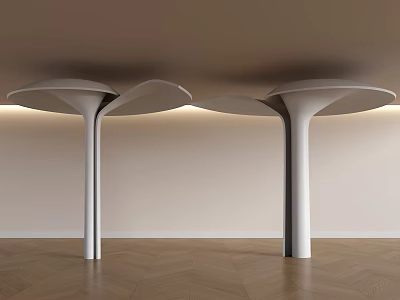 Three White Columns With Umbrella Shaped Tops And Lighting On Wooden Floor Wall Background 3d model