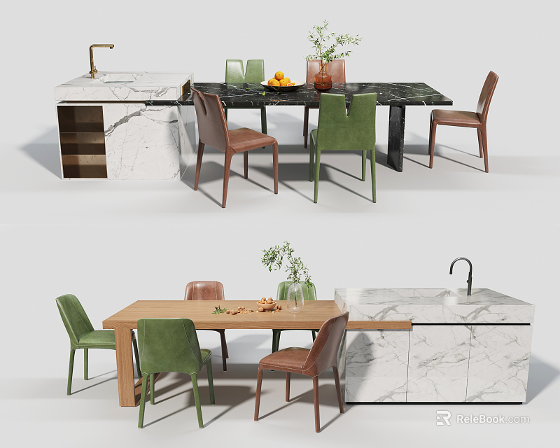 Modern Dining Table Set With Green Brown Chairs Marble Top And Kitchen Island Plants 3d model 