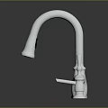 Metal Kitchen Faucet With Main Spout And Side Handle On Black Surface With Reflection