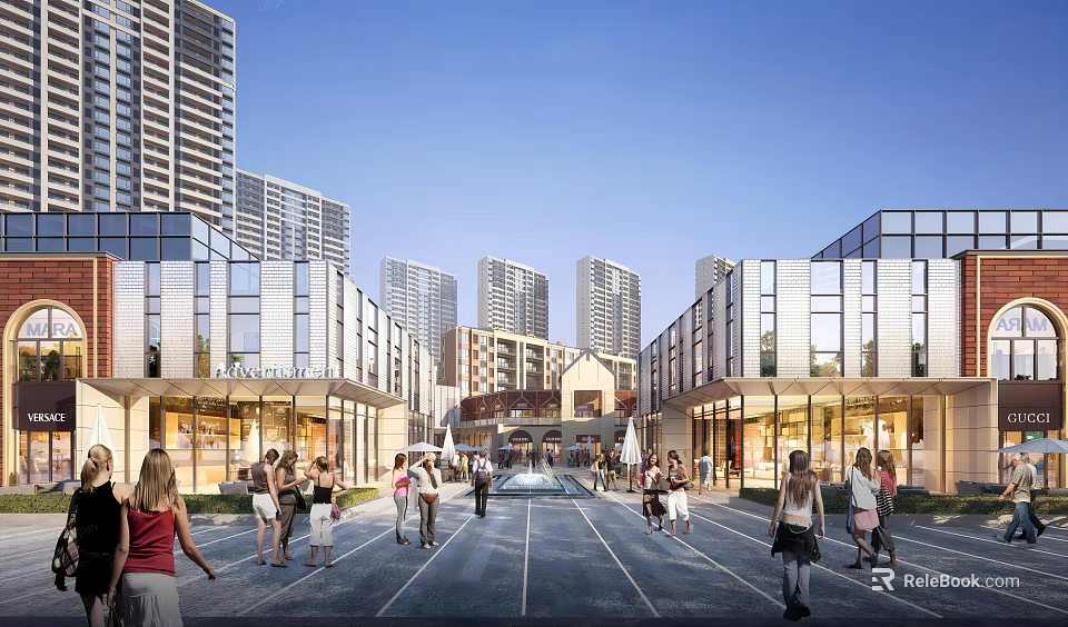 Bustling Commercial Street Featuring Modern Buildings Glass Facades And Urban Pedestrians 3d model 