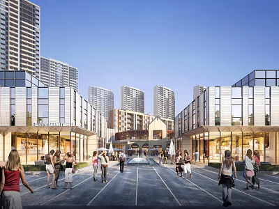 Bustling Commercial Street Featuring Modern Buildings Glass Facades And Urban Pedestrians 3d model