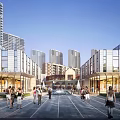 Bustling Commercial Street Featuring Modern Buildings Glass Facades And Urban Pedestrians