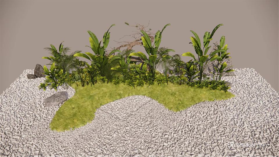 Bush Landscaping With Green Plants Grass And Gravel In Natural Garden 3d model 