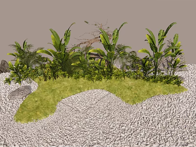 Bush Landscaping With Green Plants Grass And Gravel In Natural Garden 3d model