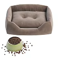 Soft Brown Pet Bed With Green Bowl And Scattered Pet Food