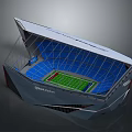 Modern Stadium Architectural Design With Blue Seats Green Field And Roof Structure
