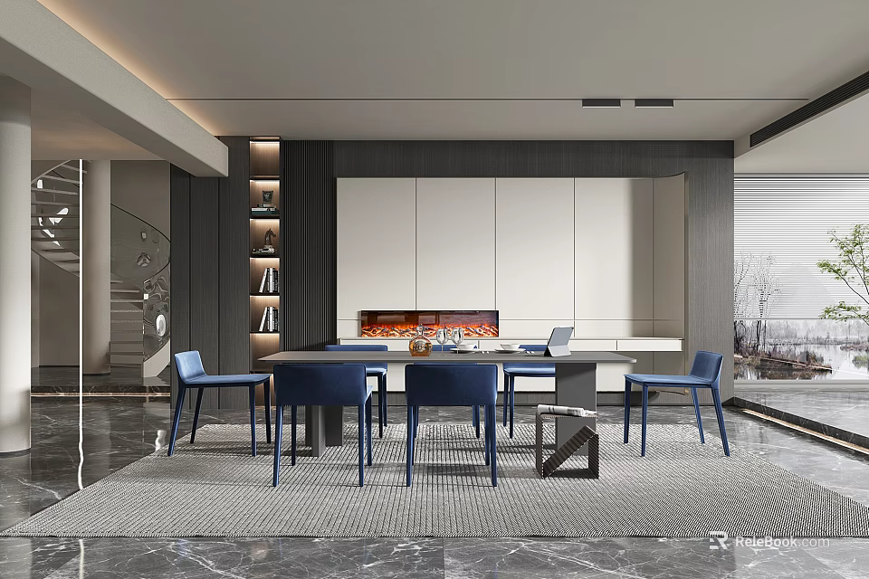 Modern Luxury Restaurant Interior With Marble Dining Table Blue Chairs Open Design And Scenic View 3d model