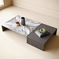 Modern Coffee Table with Marble Top and Black Base Featuring Vase Books and Green Plant