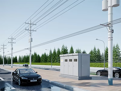 Road Facilities Along Urban Road With Utility Poles Street Lamps And Distribution Cabinets 3d model