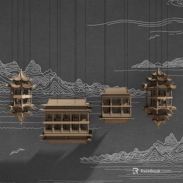 Unique shaped Pendant Lights With Wooden Chinese Architectural Design And Landscape Patterns 3d model 