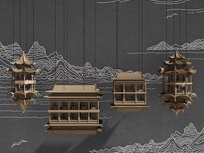 Unique shaped Pendant Lights With Wooden Chinese Architectural Design And Landscape Patterns 3d model